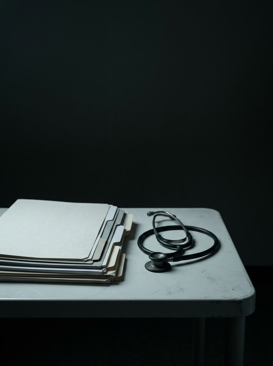 Carpetas de pacientes y un estetoscopio sobre una superficie clínica.
